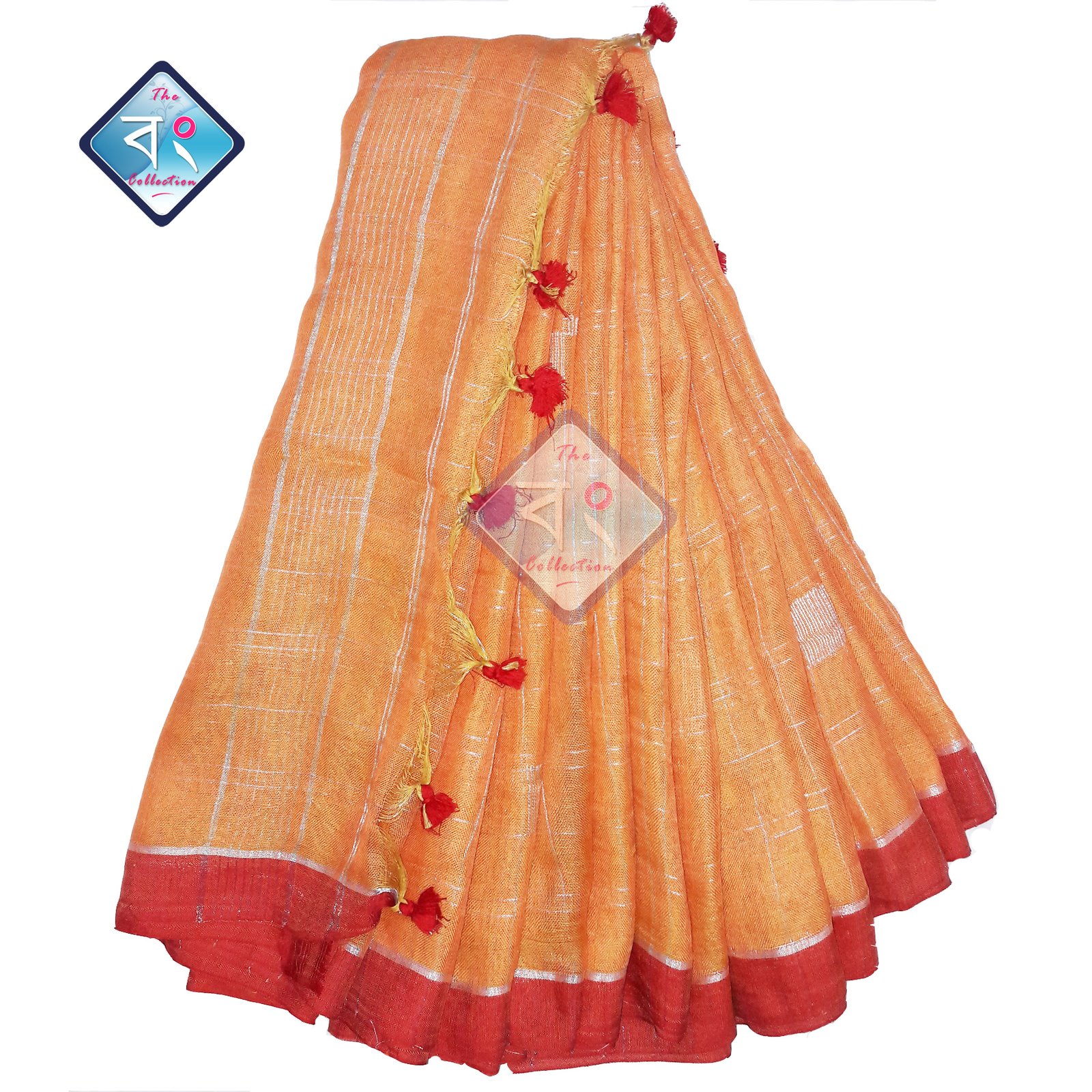 Linen Saree with Silver Zari Check- Orange - The Bong Collection