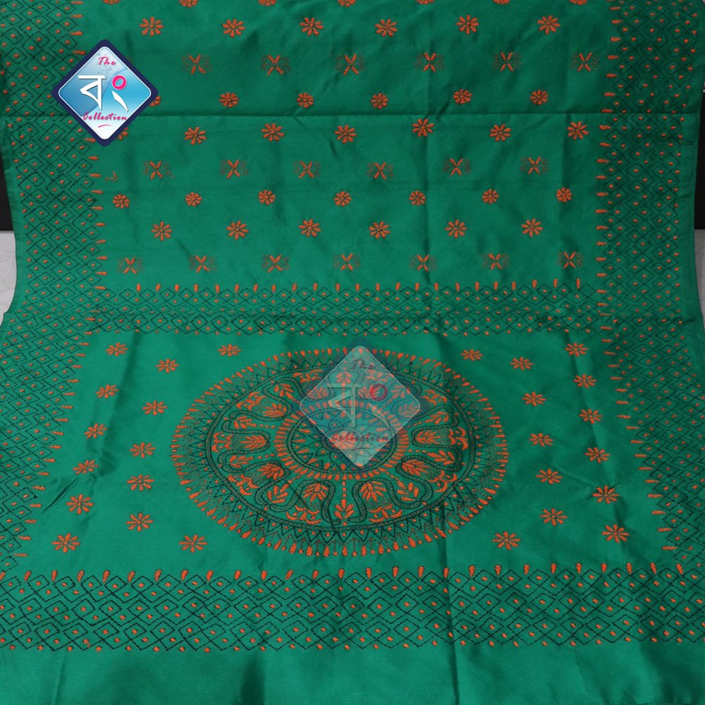 Dupion Silk Kantha Stitch Sarees - Green