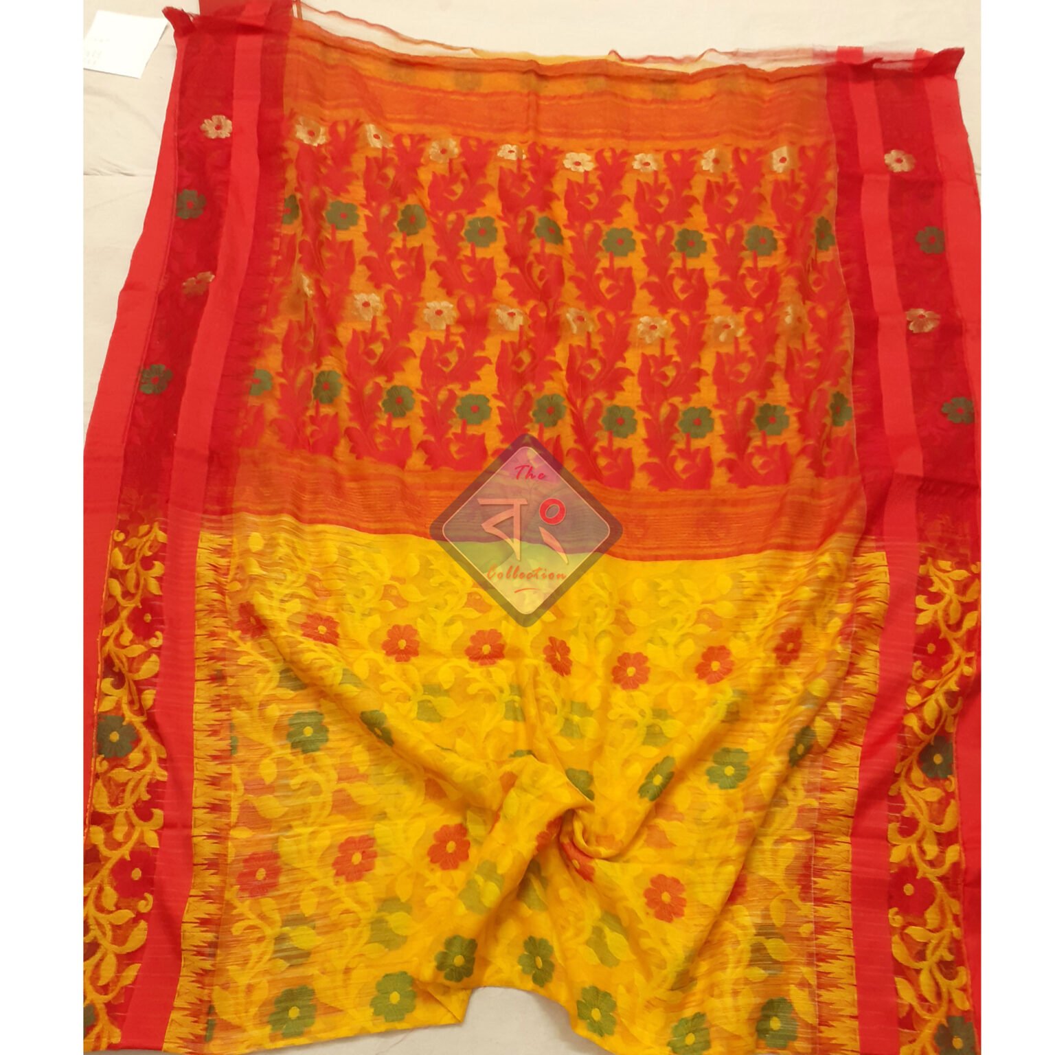 Rongoboti Soft Dhakai Jamdani Saree Yellow and Red - The Bong Collection