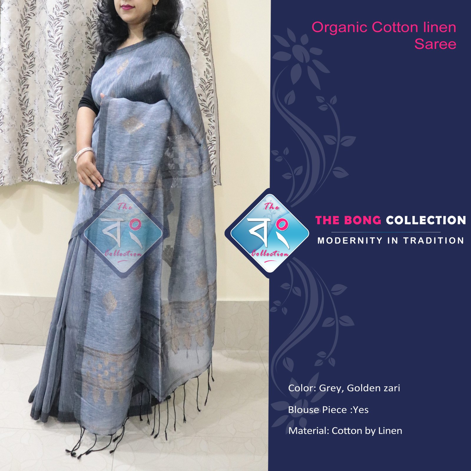 Pure Organic Linen Jamdani Saree Steel Grey The Bong Collection